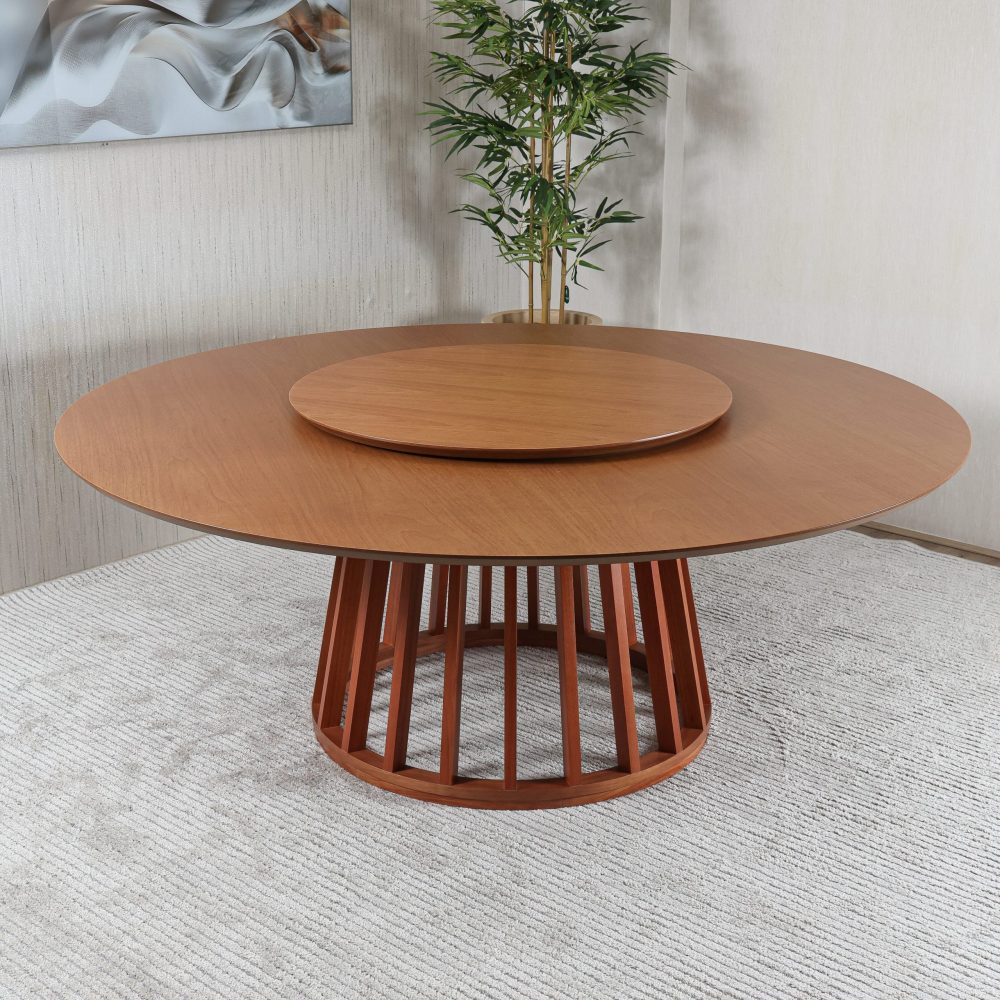 MESA JANTAR CRISTAL 2,00 C/ PRATO GIR REDONDA CASTANHO